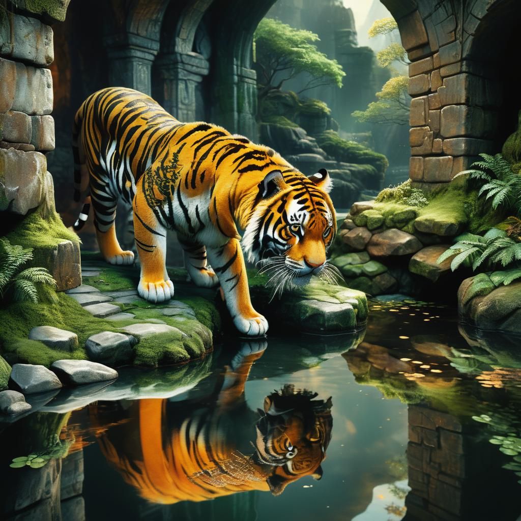 Tiger Gazing into Well: Fantasy Concept Art