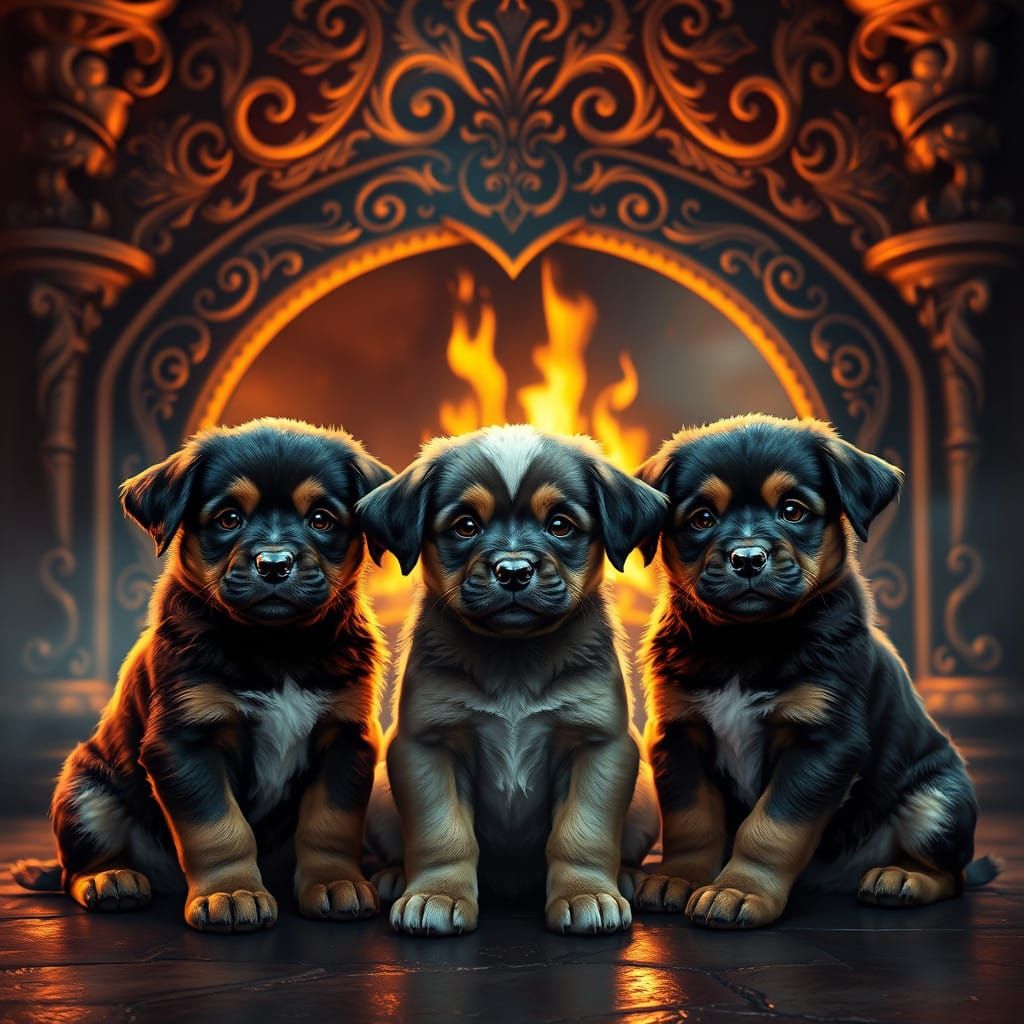 Surreal Puppies Adrift in a Fantastical Fireplace Glow