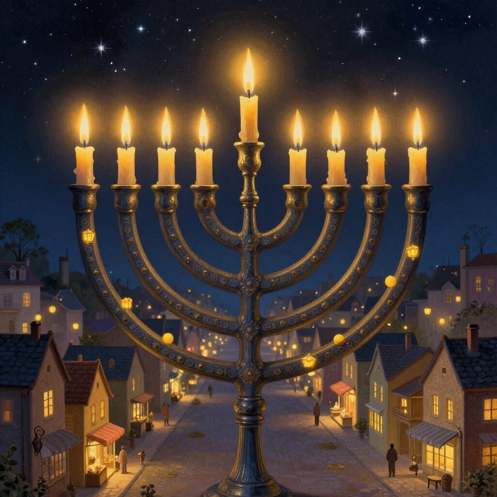 Magical Menorah with Street Candles in Starry Night