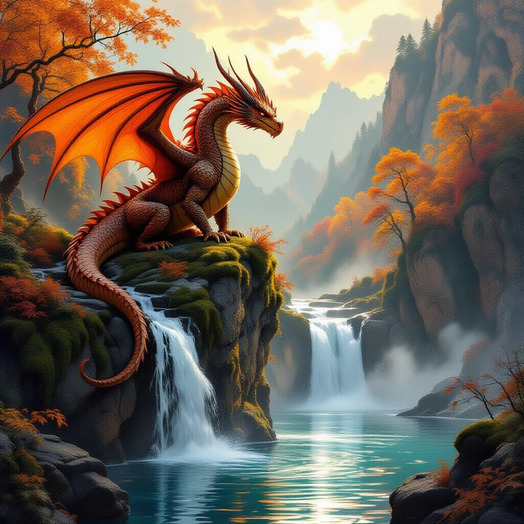 Majestic Autumn Dragon Overlooking Waterfall