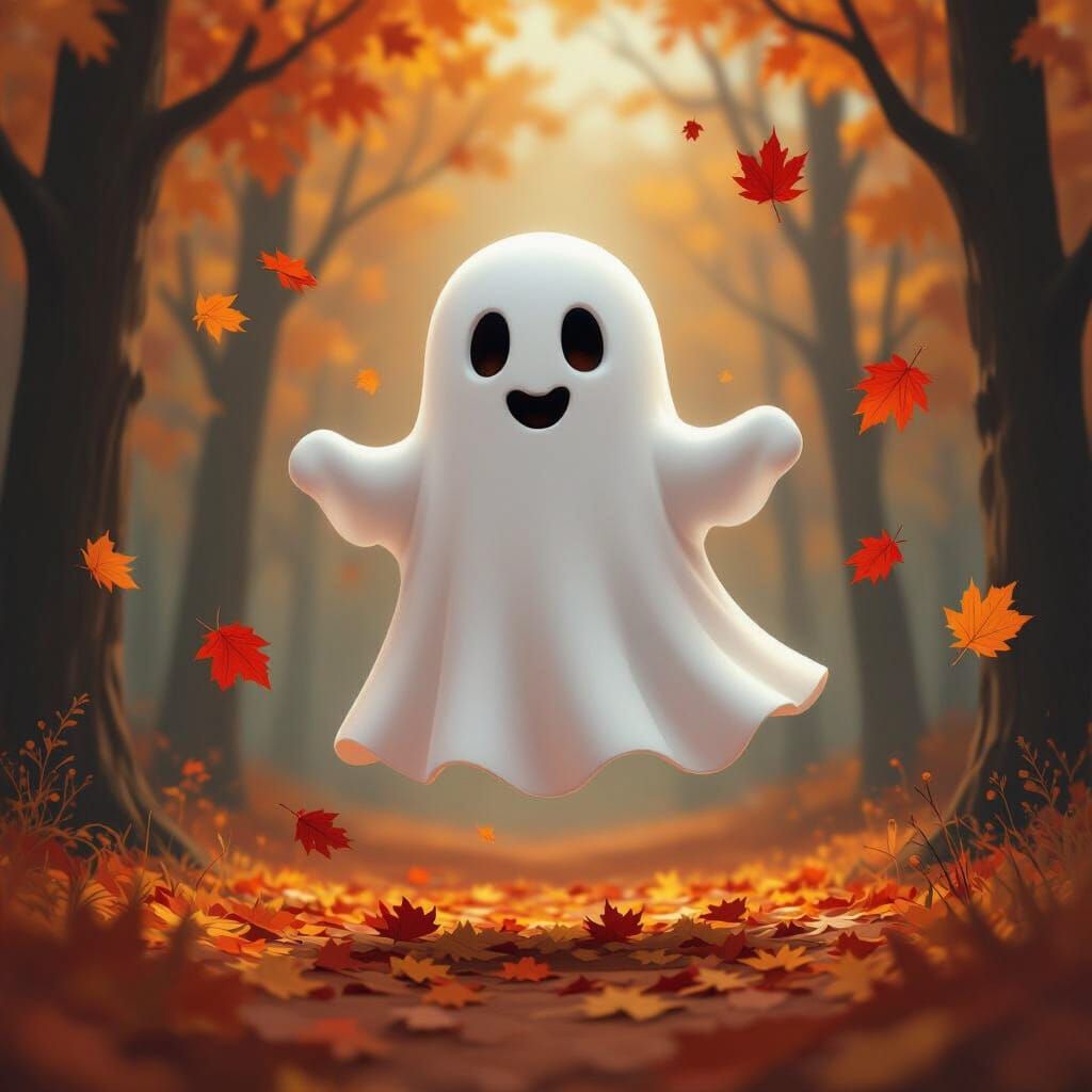 Friendly Halloween Ghost in Autumn Forest Matte Painting