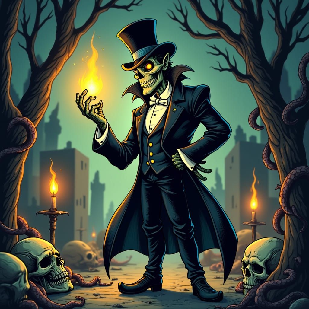 Vibrant Cartoon Baron Samedi in Dimly Lit Graveyard