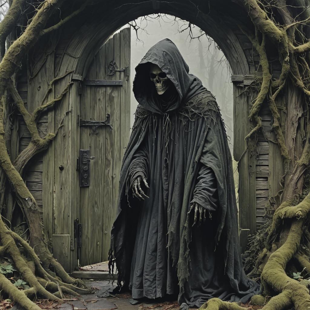 Foreboding Figure Beckons at Ancient Door