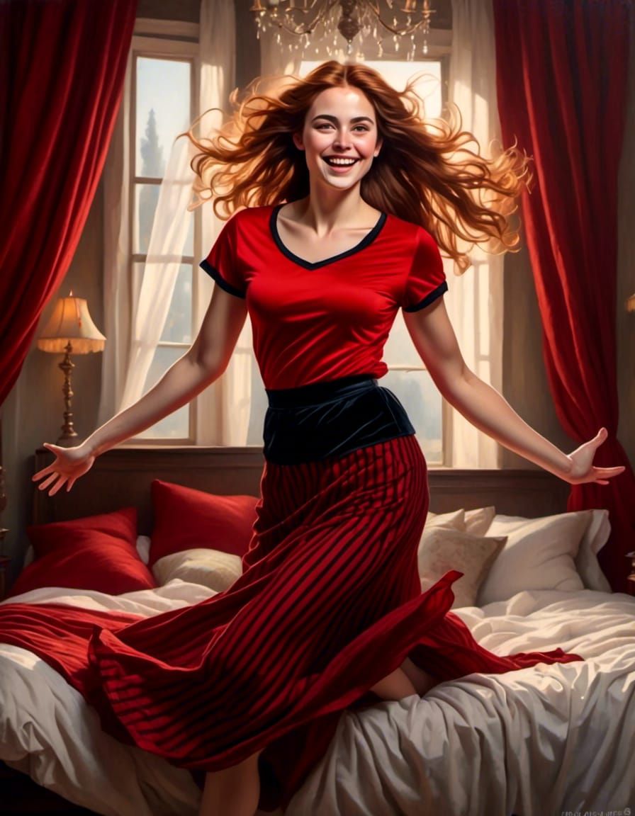 Happy Woman Jumping on Bed in Mystical Style
