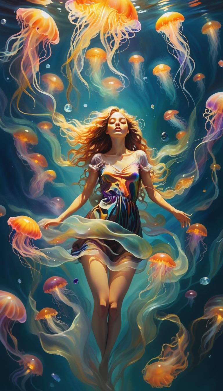 Dreamlike Sea: Surrealist Oil Painting of Floating Woman