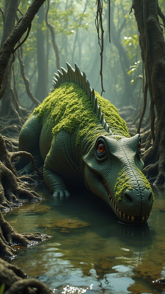 Mossy Mastodonsaurus in Dark Fantasy Landscape