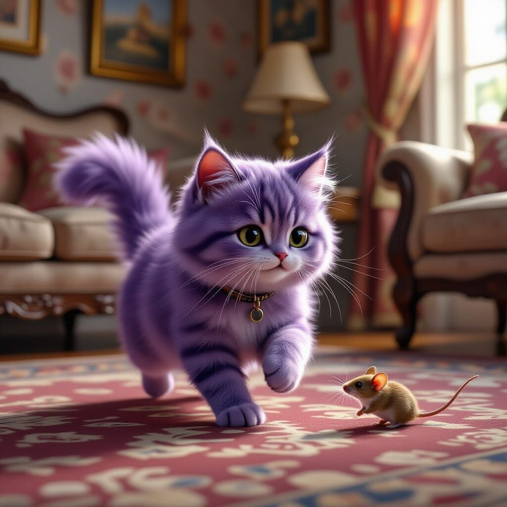 Purple Kitten Chasing Mouse, Photorealistic Style