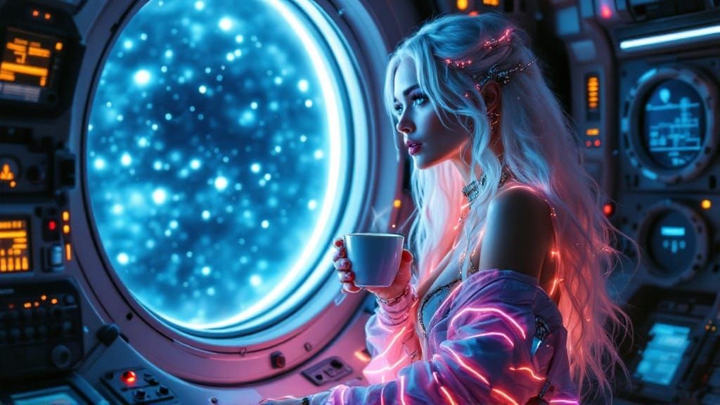 Futuristic Woman with Neon Outfit in Spaceship