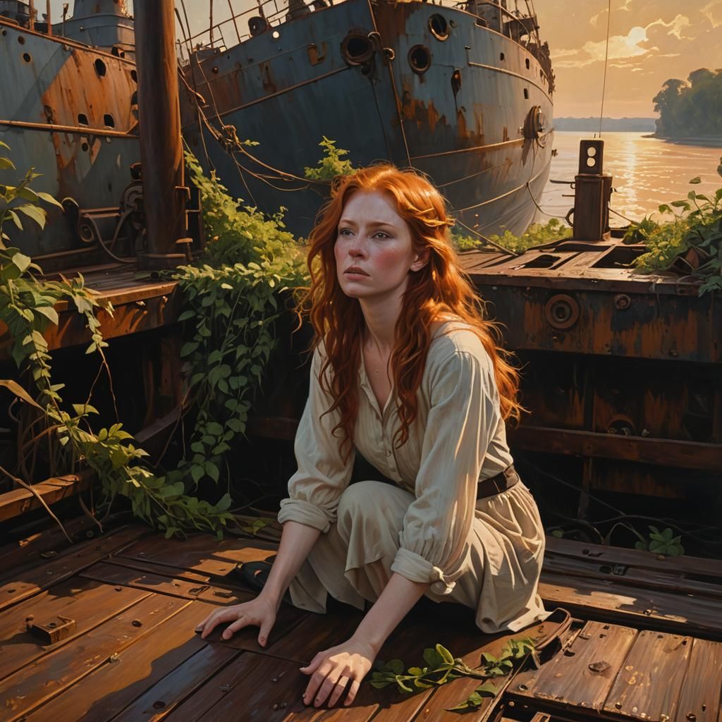 Redhead Weeping on Overgrown, Destroyed Cargo Ship