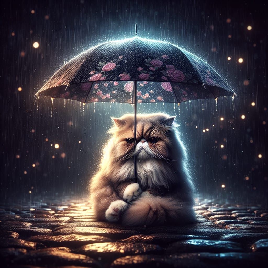 Grumpy Cat Under Umbrella on Rainy Night