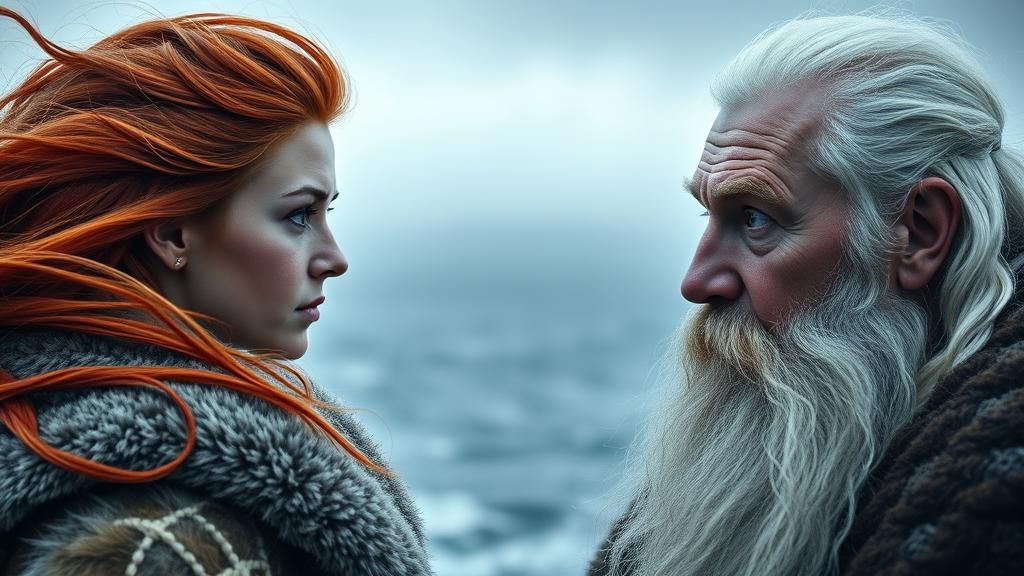 Viking Woman and Elder Gaze at Horizon