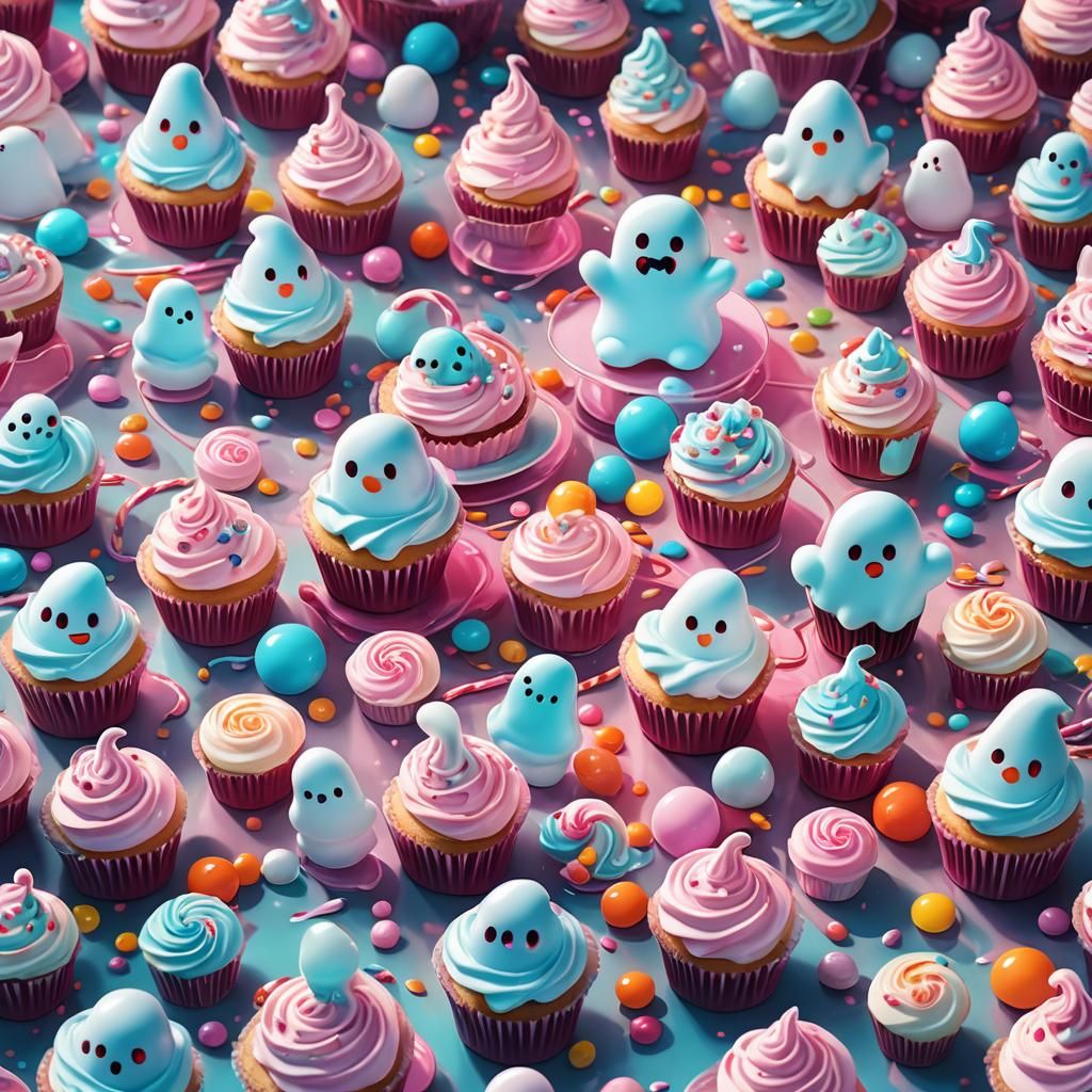 Candy Ghosts and Cupcakes Digital Art Illustration