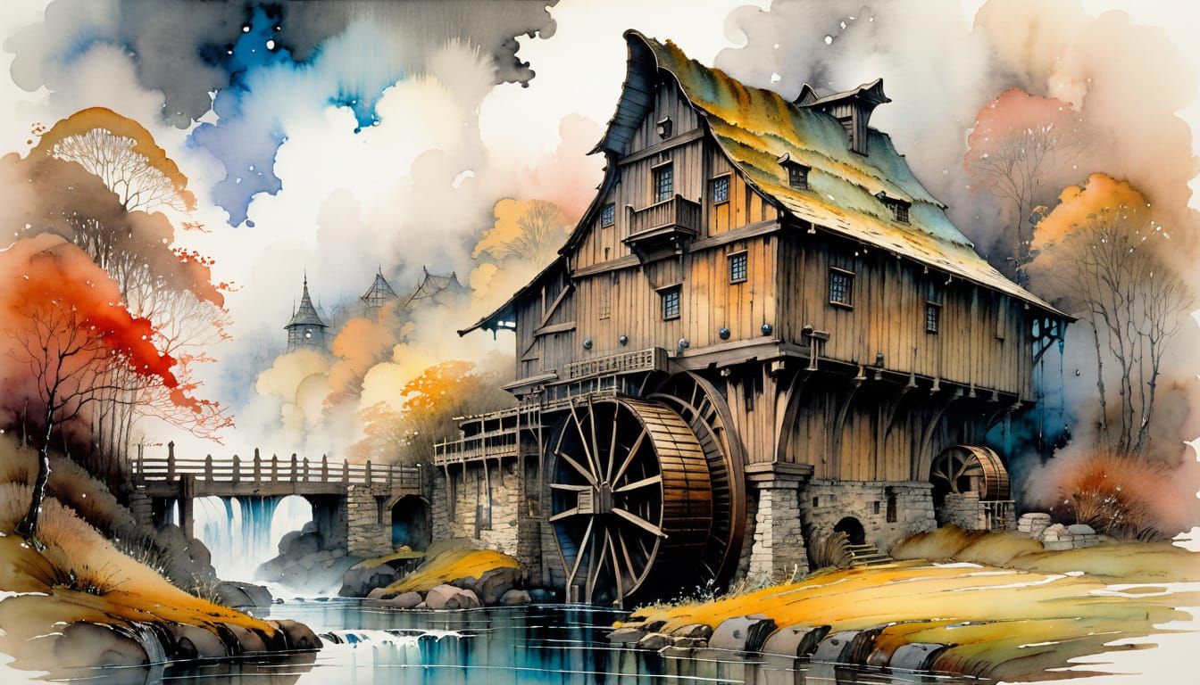 Worn Wooden Water Mill in Misty Atmosphere