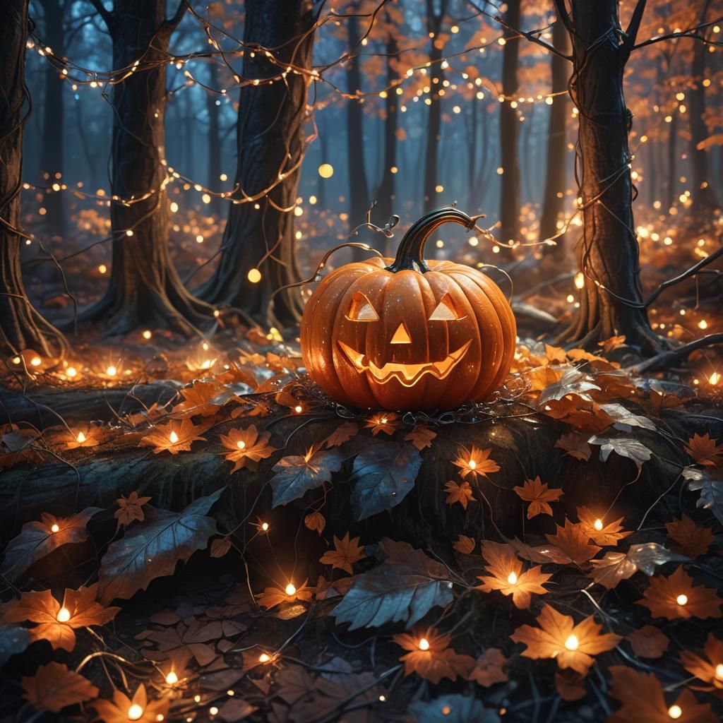 Bioluminescent Pumpkin Surrounded by Fairy Lights in Forest