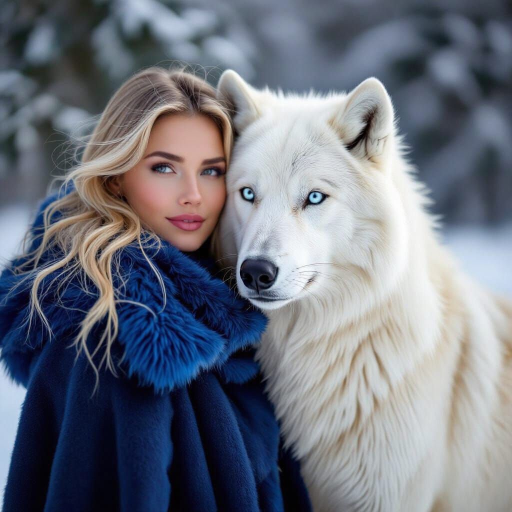 White Wolf and Blonde Woman in Winter Landscape