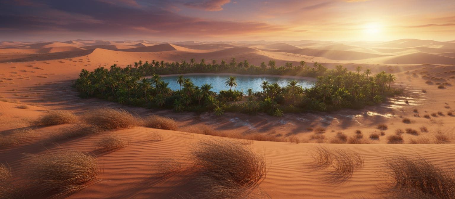 Vibrant Desert Oasis Amidst Arid Sands