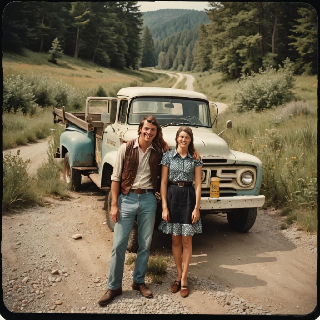 1960s Couple Posing by Truck, Polaroid Style
