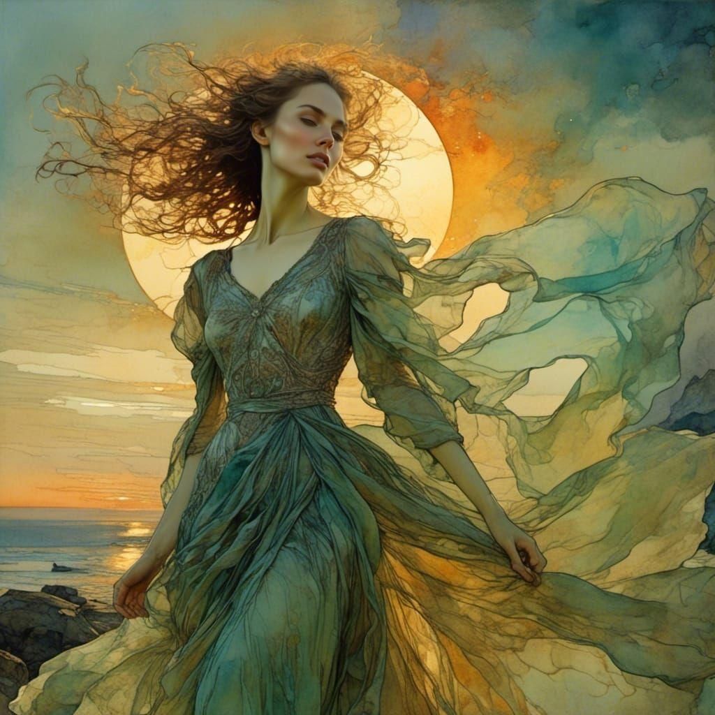 Boris Vallejo Woman in Neurographic Sunrise