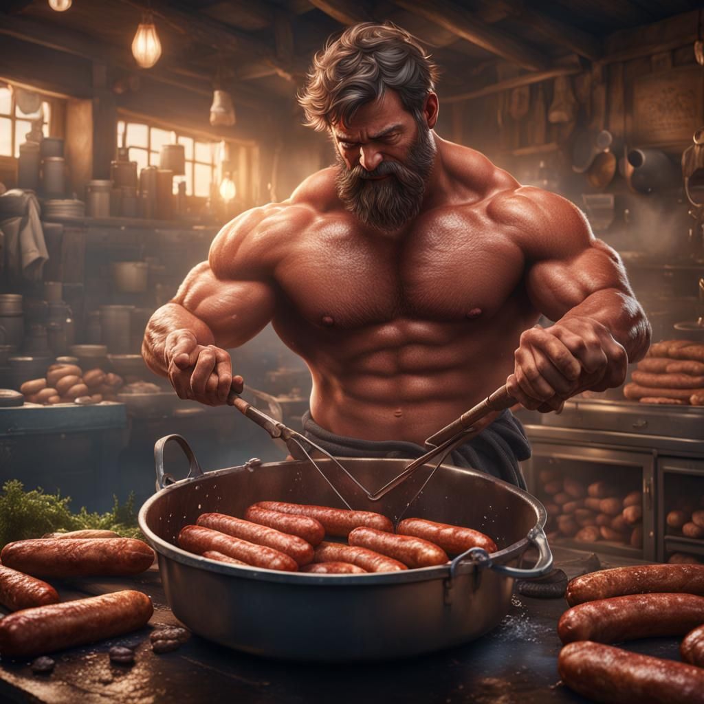 Manly Boy Washing Sausages: Detailed Matte Painting