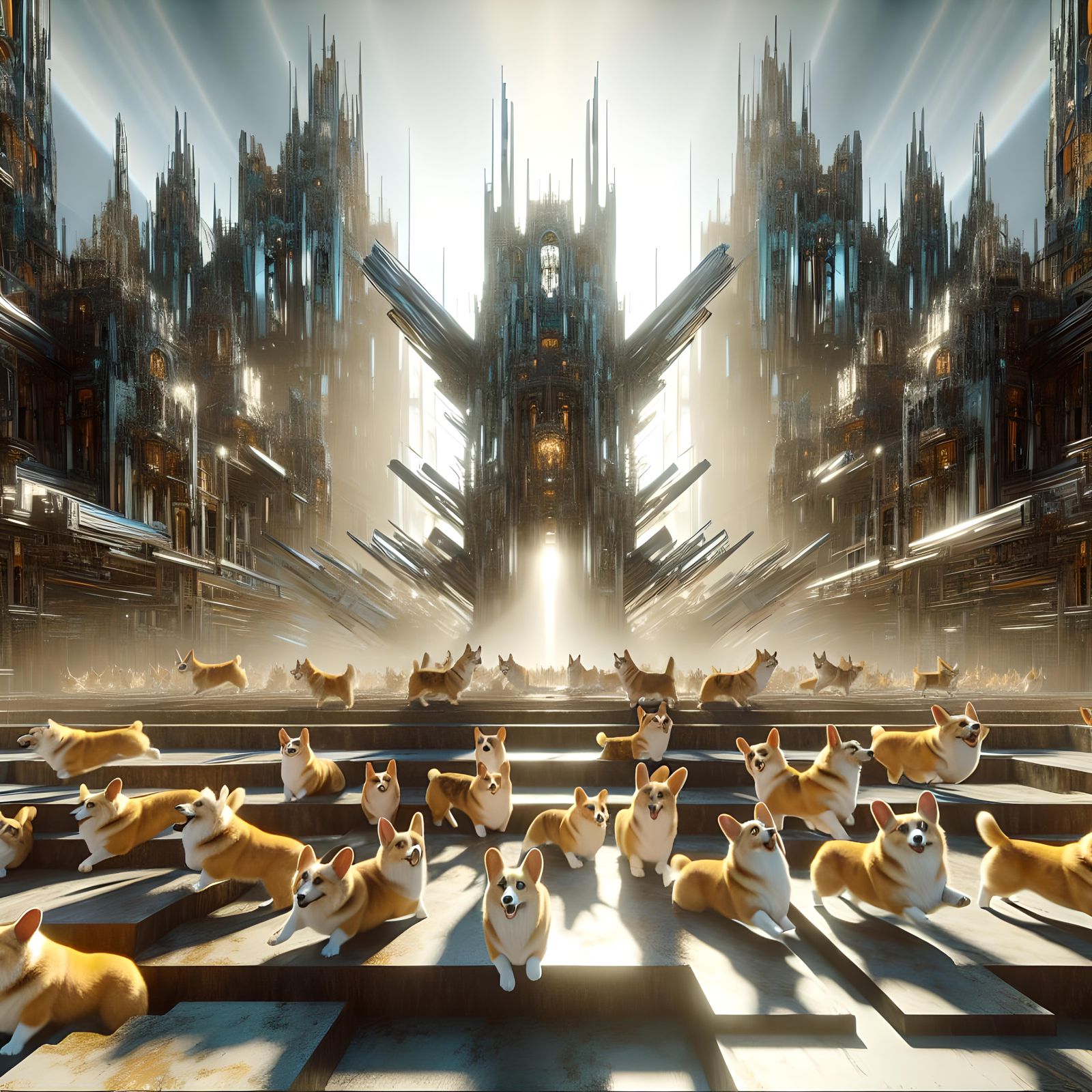 Corgi Dogs Play in Sci-Fi Castle Ruins