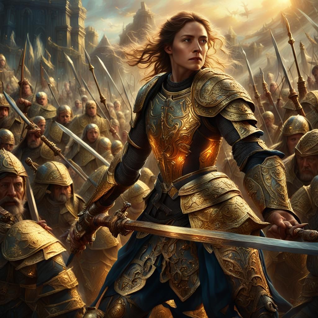 Joan of Arc in Epic Battle, Fantastical Oil Painting