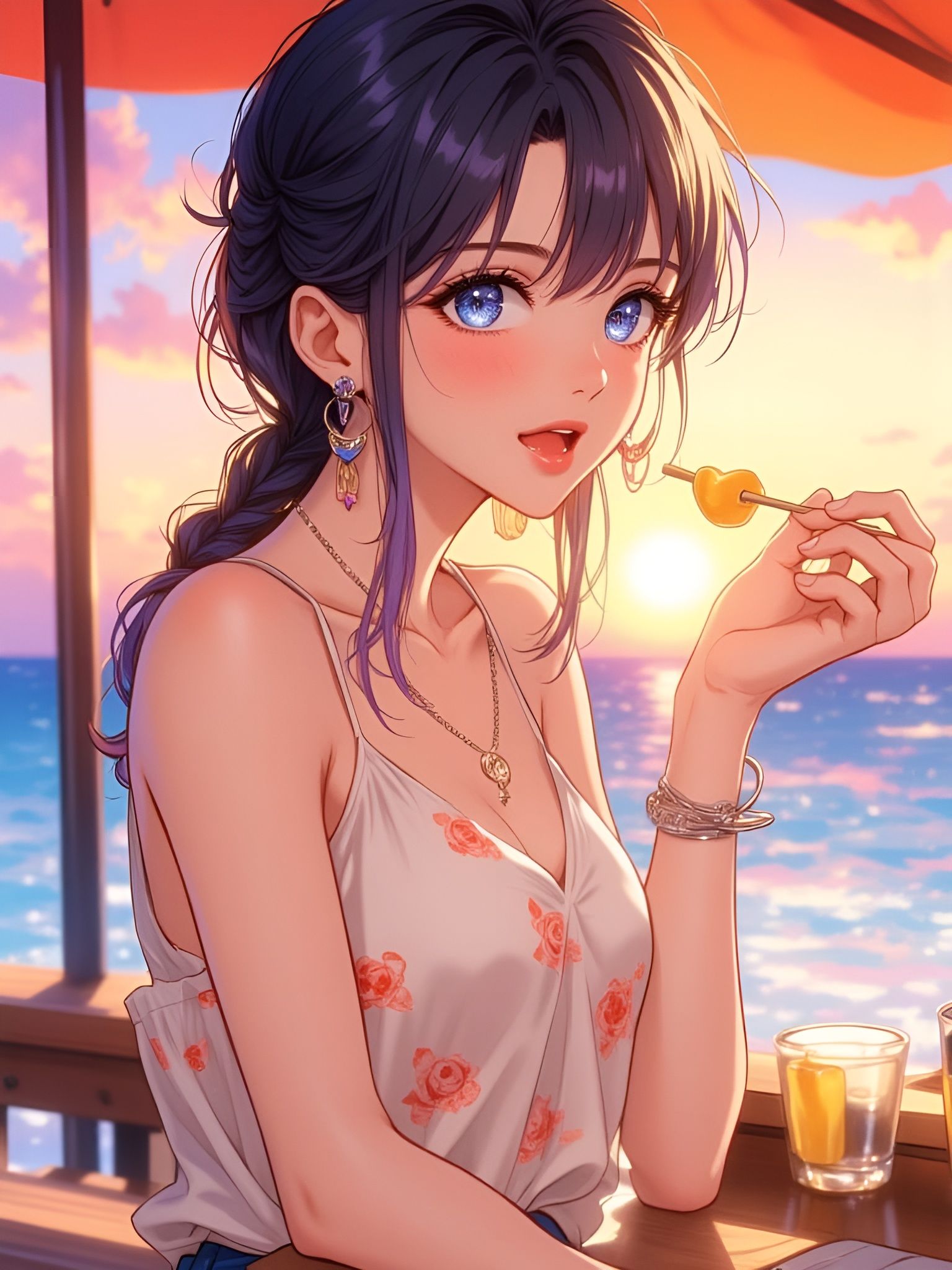 Anime Woman Laughing on the Beach at Sunset