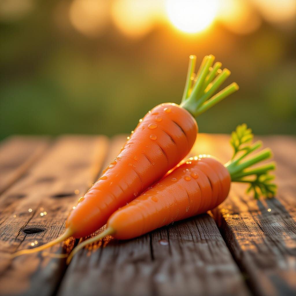Glistening Carrot on Rustic Table in Golden Hour Light
