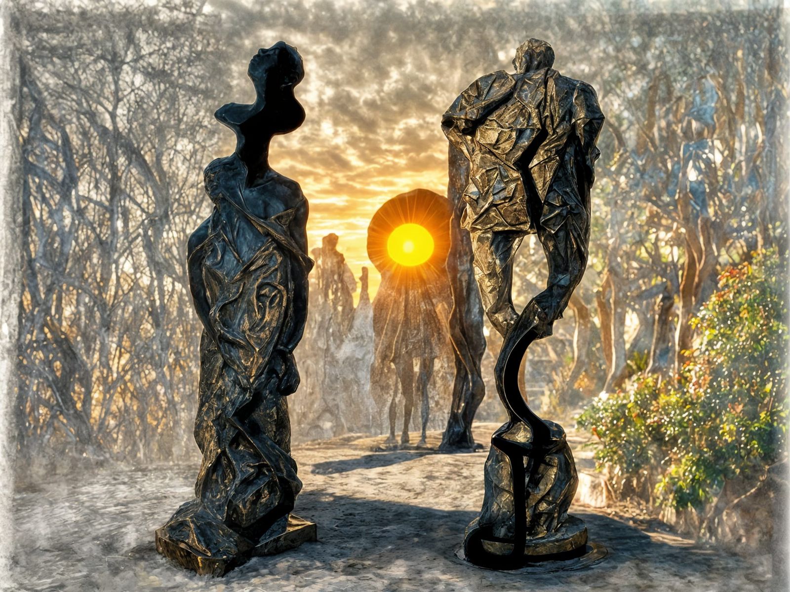 Bronze Figures Silhouetted by Setting Sun, Photorealistic