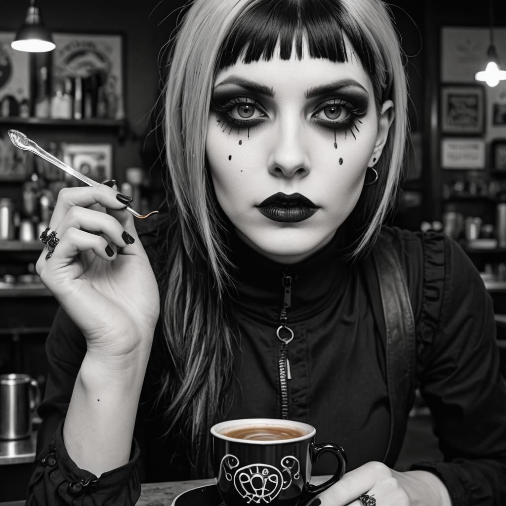 Goth Fashion Model in Goth Coffee Shop