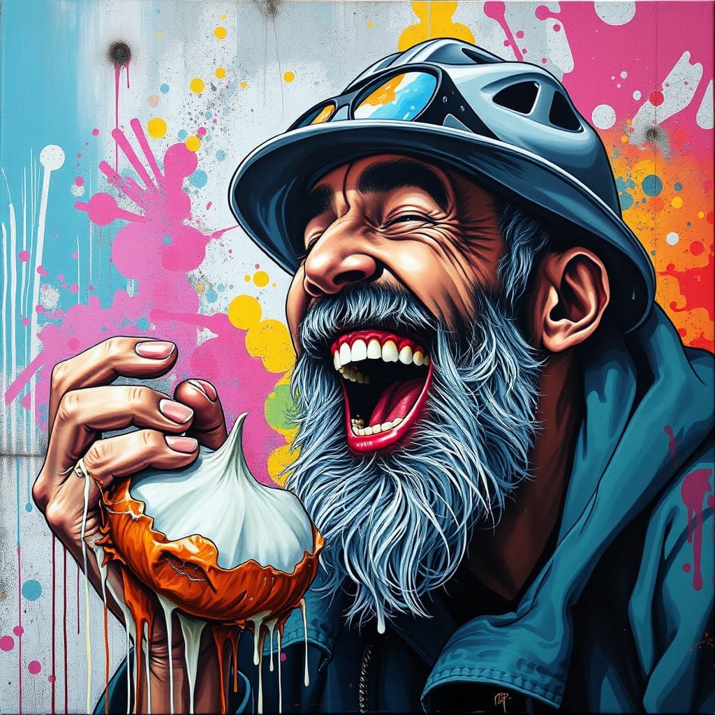 Man Laughing at Onion in Graffiti Art Style