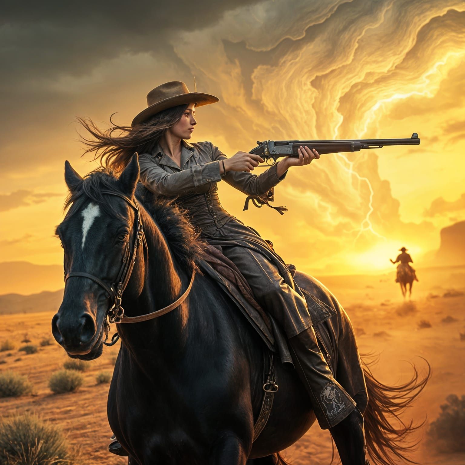 Cowgirl Riding Horse in Desert Thunderstorm