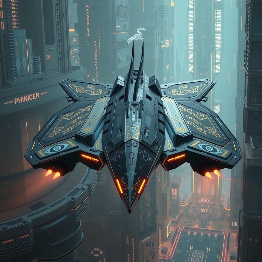 Ancient Futuristic Dystopian Cyberpunk Trireme Spaceship in....