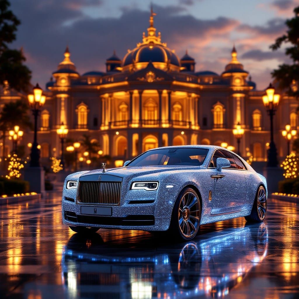 Luxurious Rolls-Royce Illuminated in Opulent Palace Splendor...