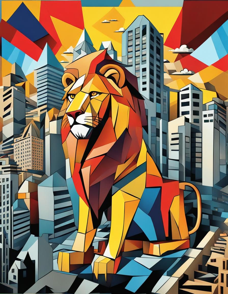 Cubist Lion in Cityscape: Pop Art Deco Style