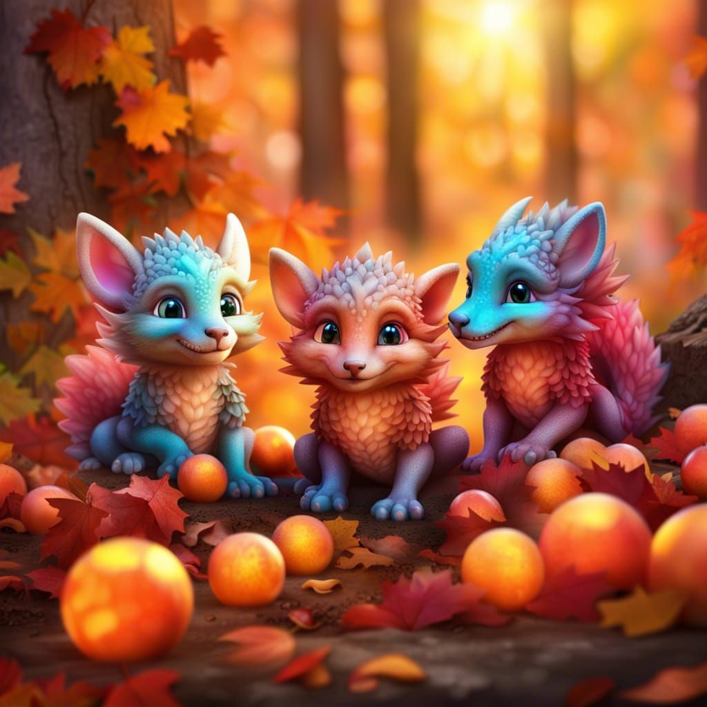 Baby Dragons and Foxes in Autumn Woods