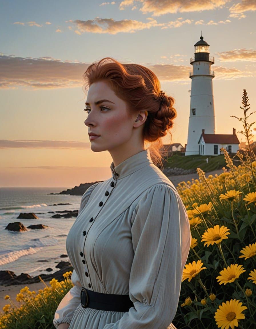 Victorian Lady Contemplates Sunset by the Sea