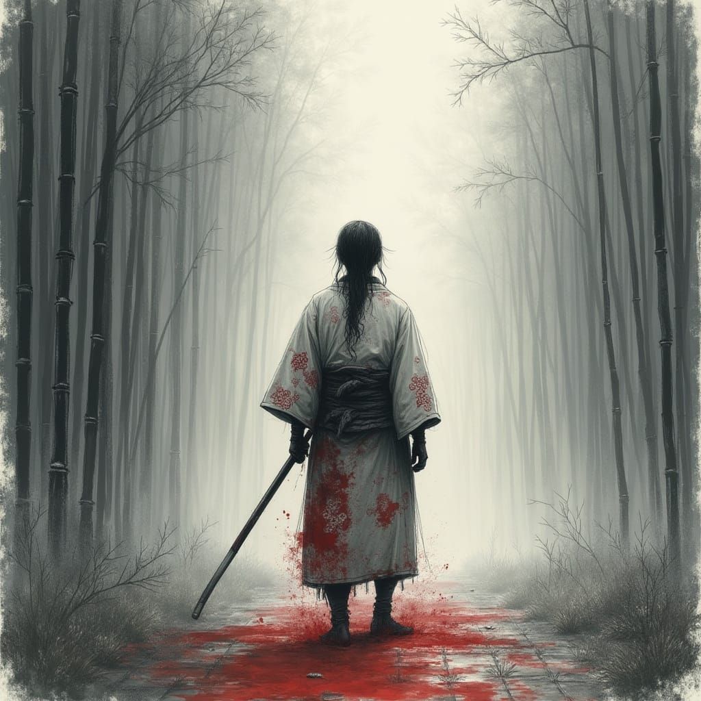 Samurai in Fog-Shrouded Bamboo Field