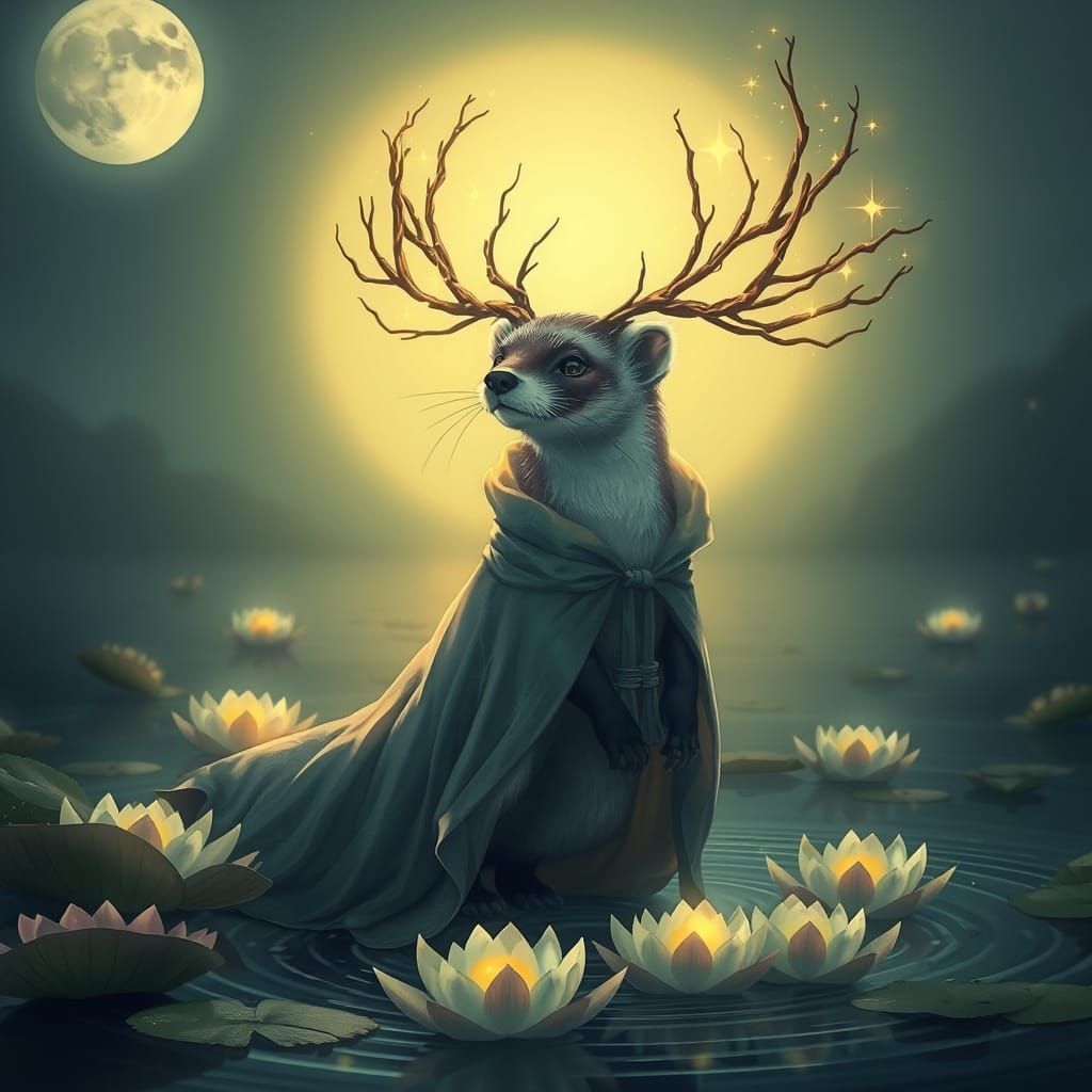 Magical Ferret with Star Antlers in Moonlit Lake