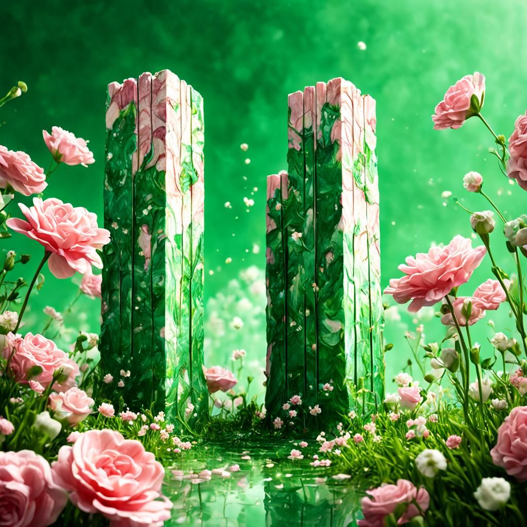Pink Marble Towers in Green Field: Hyperrealistic Art