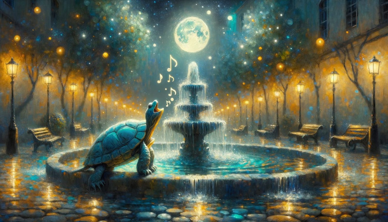 Moonlit Serenade: Singing Turtle in Impressionist Style