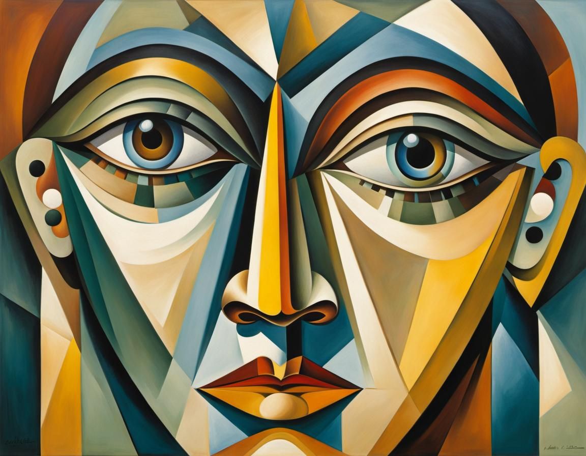 Cubist Human Face with Large Eyes