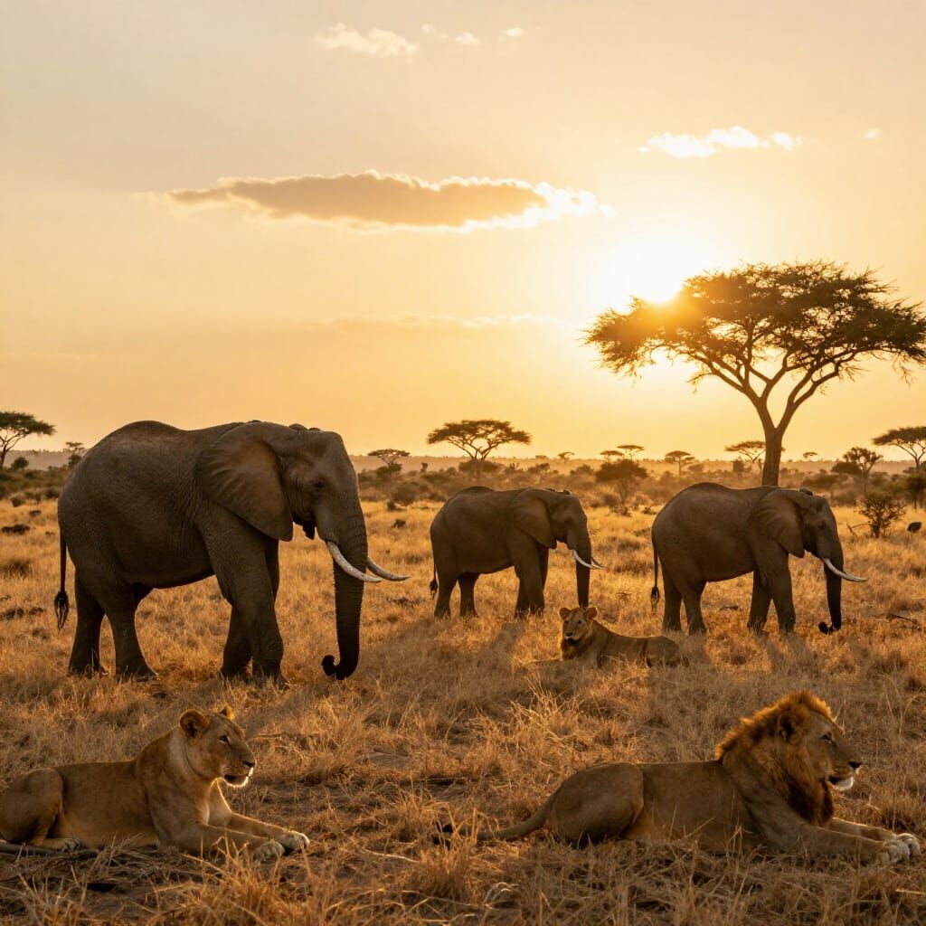 African Savanna Golden Hour: Elephants and Lions