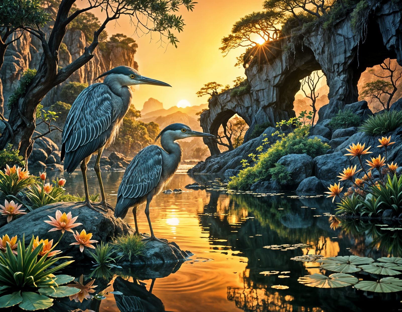 Elegant Night Heron at Sunset by Reflective Pond