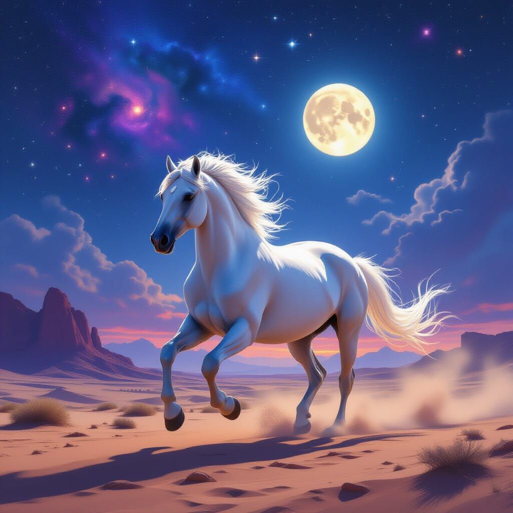 Majestic White Horse Gallops Through Starry Desert Under Twi...