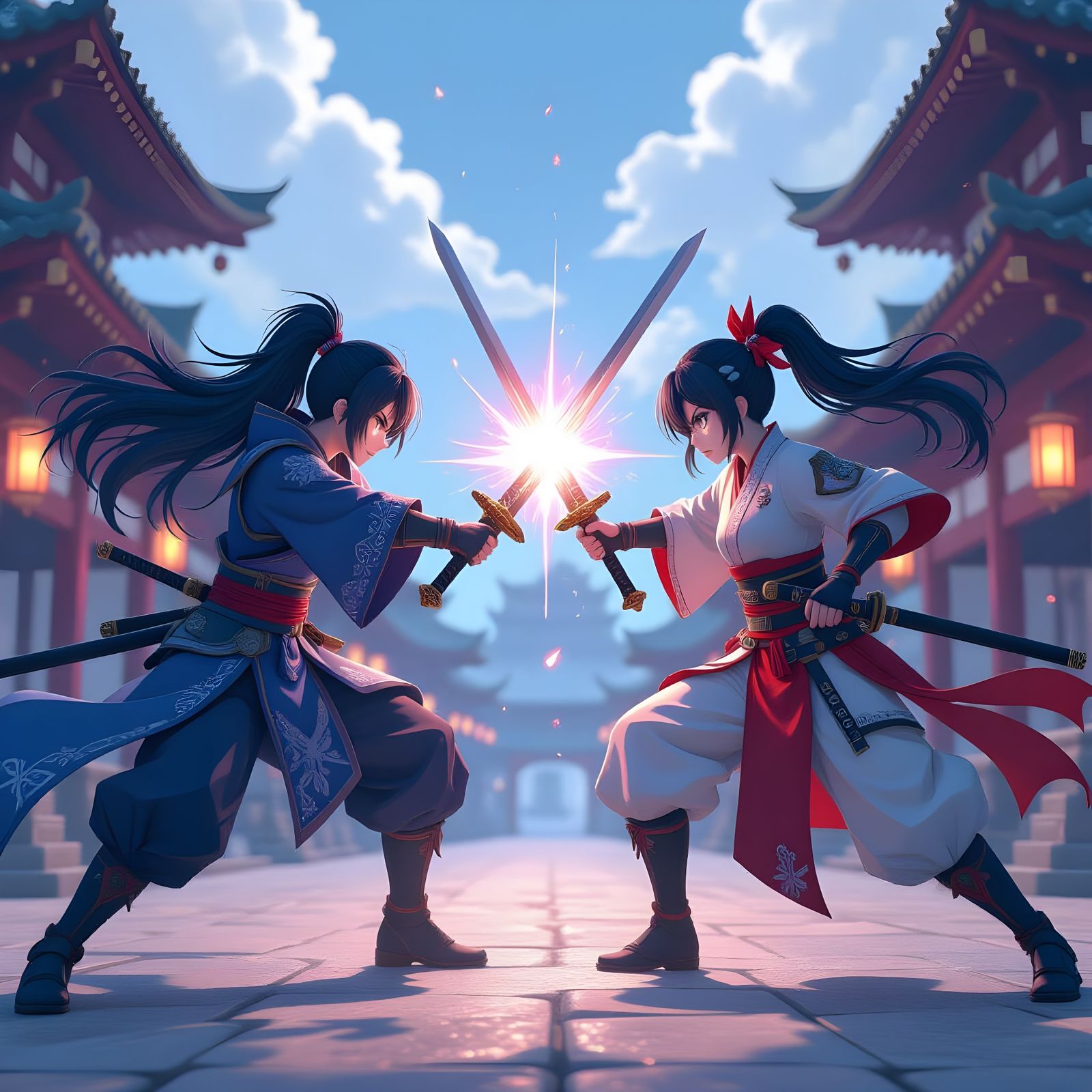 Anime Characters Sword Battle in Maximalist Japanese Style