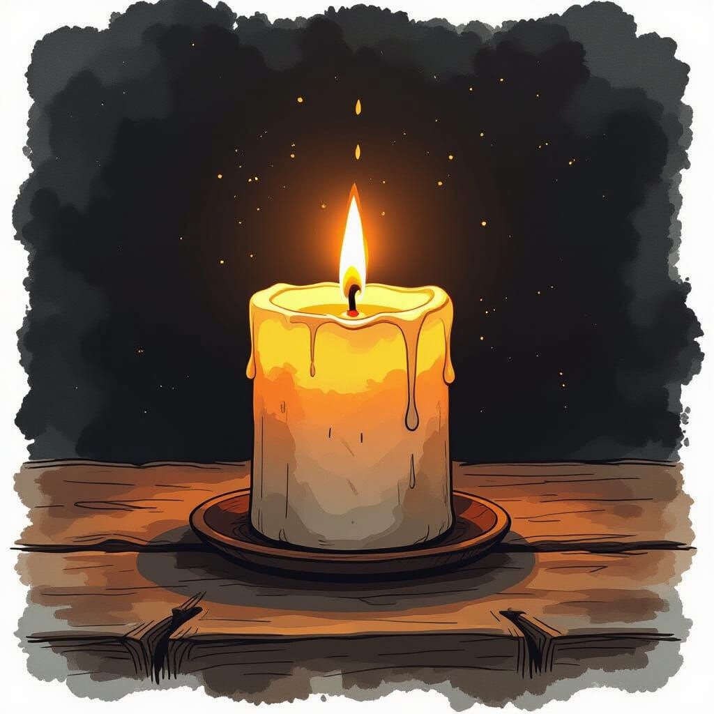 Glowing Candle in Watercolor and Ink Art Style
