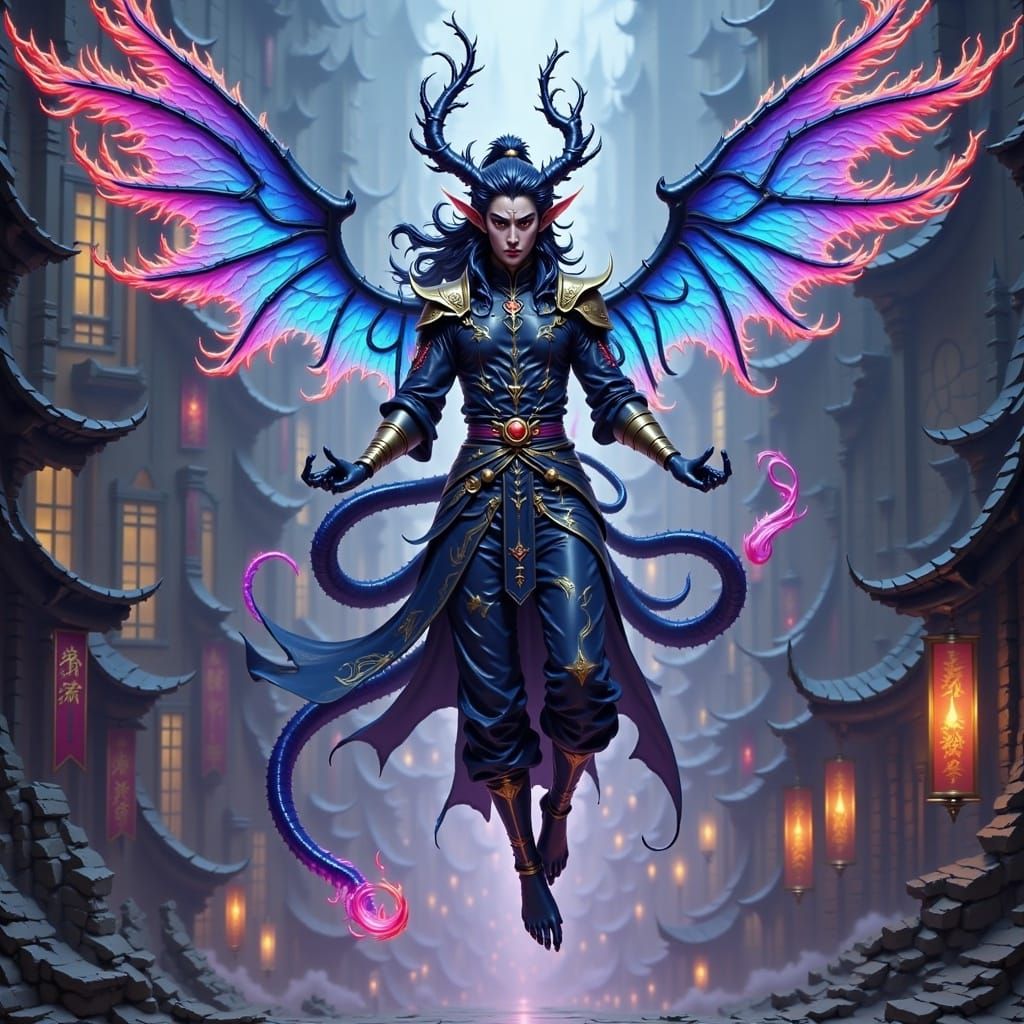 Ethereal Winged Human Soars Through Neon Cityscape in Cyberp...