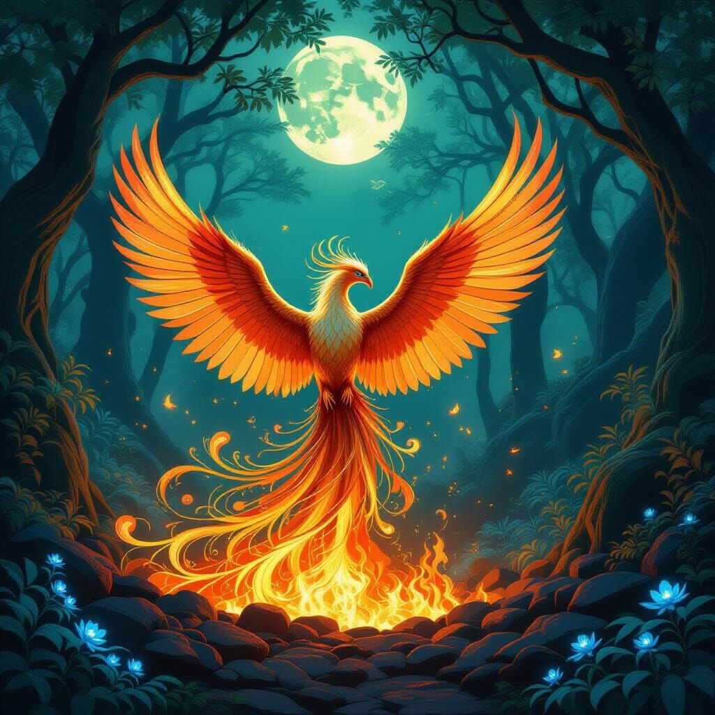 Majestic Phoenix Rising from Embers in Ethereal Forest