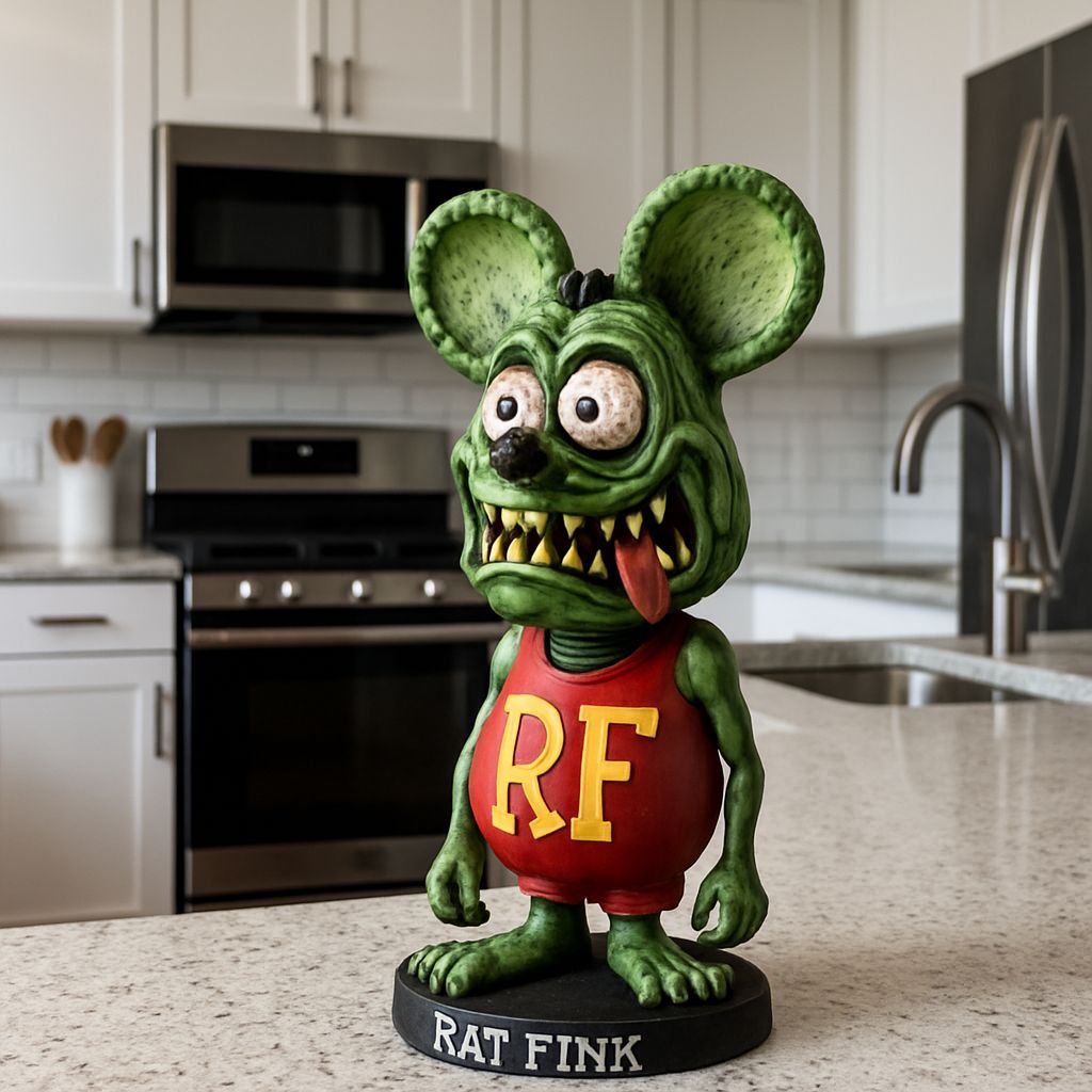 Rat Fink Bobblehead Doll in Modern Kitchen