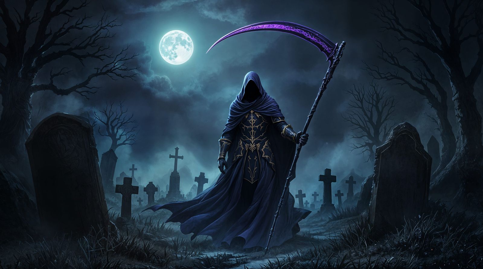 Dark Gothic Figure in Moonlit Graveyard
